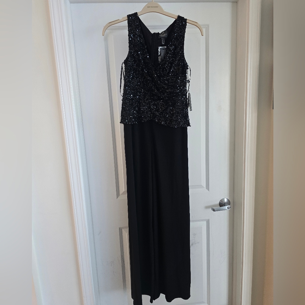 Black Sequin Evening Jumpsjuit - Sleeveless V-Neck